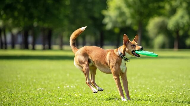 Energetic dog jumping mid-air to catch a green frisbee in a park. Active pet playing fetch on a sunny summer day. Animal agility concept