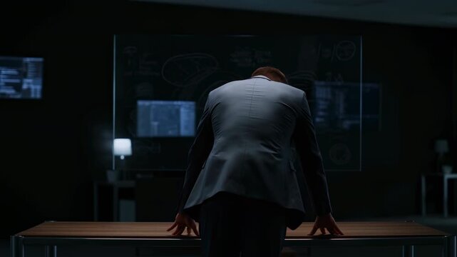 Man in dark suit walks toward wooden table and leans forward with both hands in dim technology room, viewed from behind against glowing transparent display panels