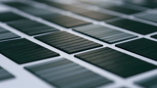 Rows of dark rectangular adhesive samples arranged in a grid pattern on a light surface with shallow depth of field
