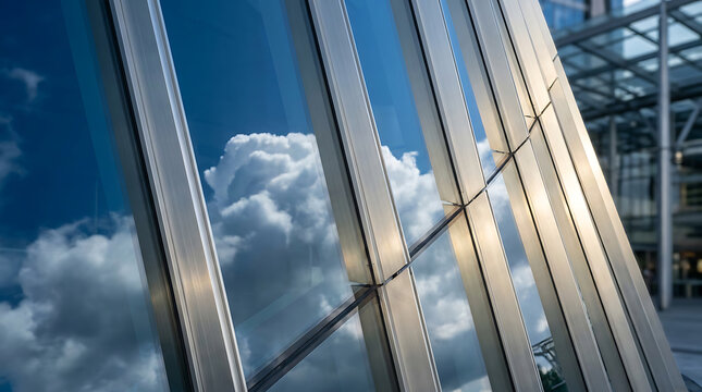 Modern glass facade of an office building reflecting blue sky and white clouds during sunset