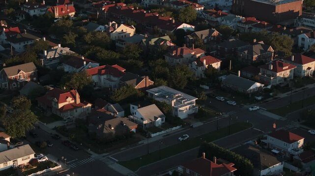 Aerial view of homes in Long Beach, New York at sunrise