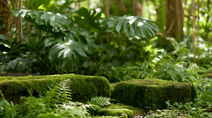 Obraz premium A serene tropical forest scene featuring lush green split-leaf philodendron plants, known as Monstera deliciosa, and mossy stone podiums