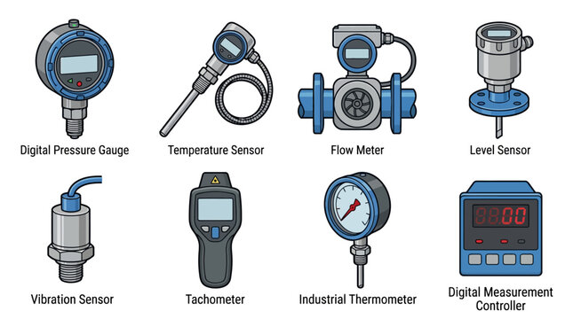 Flat illustration of industrial sensors including flow meters and pressure gauges. Perfect for technical manuals or automation infographics.