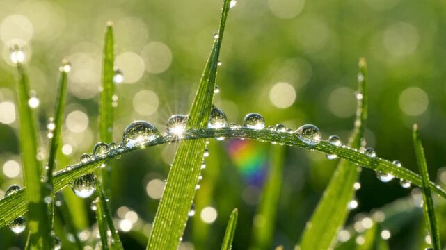 Macro close up of morning dew water drops on green grass blades outdoors