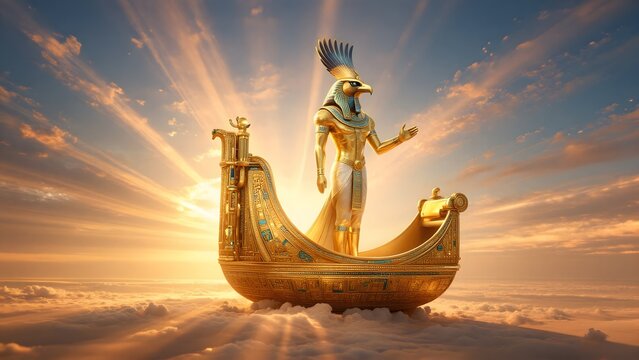 Majestic Golden Egyptian God Horus Standing on Sun Boat