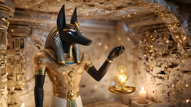Ancient Egyptian God Anubis Weighing Heart in Golden Tomb