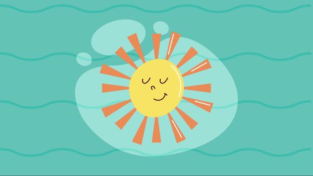 Cute cartoon sun floating on wavy water surface, happy face, peaceful, calm day, motion graphics.