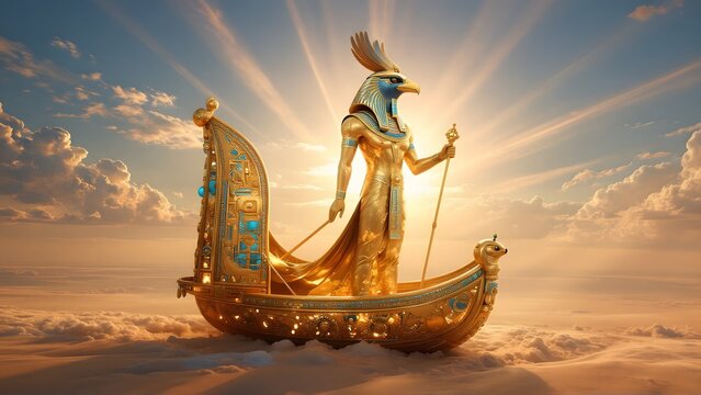 Majestic Golden Egyptian God Horus Sailing on Divine Boat in Sky