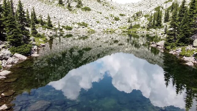 Alpine lake reflecting rocky mountain peaks and evergreen pine trees surrounding