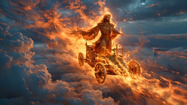Majestic mythological sun god riding fiery chariot through stormy sky
