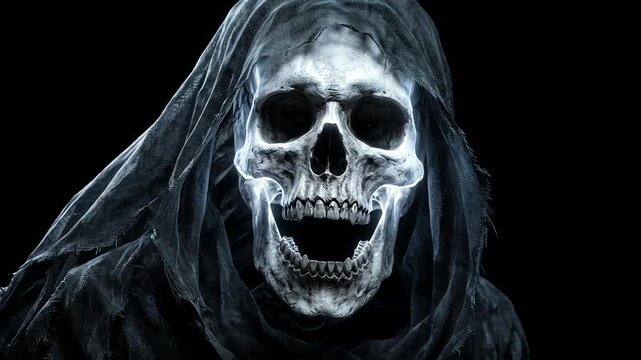 Creepy ghostly skull figure on a dark background symbolizing Halloween fear and horror