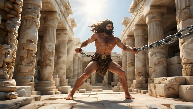 Powerful ancient hero breaking heavy chains inside a stone temple