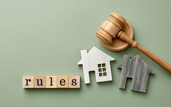 Wooden judge gavel next to letter blocks spelling rules and small house models on green background symbolizing real estate law and property code