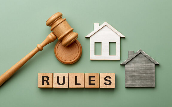 Wooden judge gavel next to letter blocks spelling rules and small house models on green background symbolizing real estate law and property code