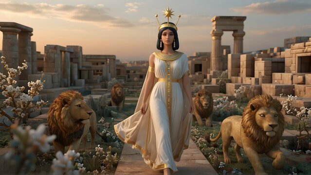 Majestic ancient goddess walking among ruins with royal lions