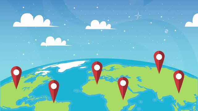 Animated global map with multiple location pins moving across different countries and continents showing worldwide connectivity.