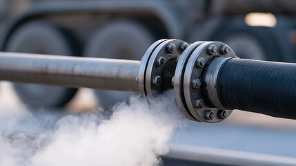 Obraz premium Industrial pipeline system with metal flange connection and steam leak issue, showing mechanical failure at construction site context