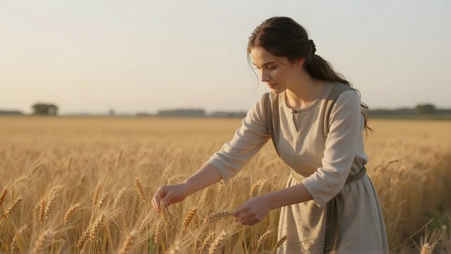 Young woman in historical dress harvesting wheat in golden field
