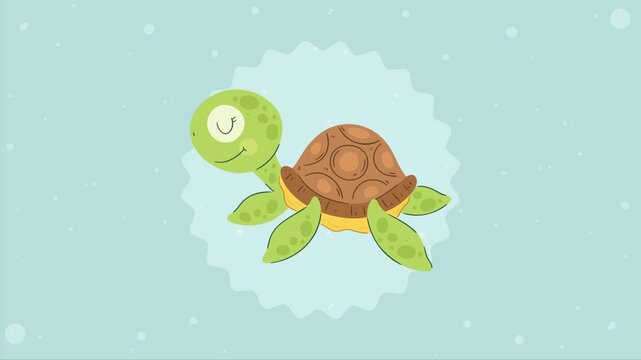 Cute cartoon turtle swimming in ocean animation with blue background and bubble elements.