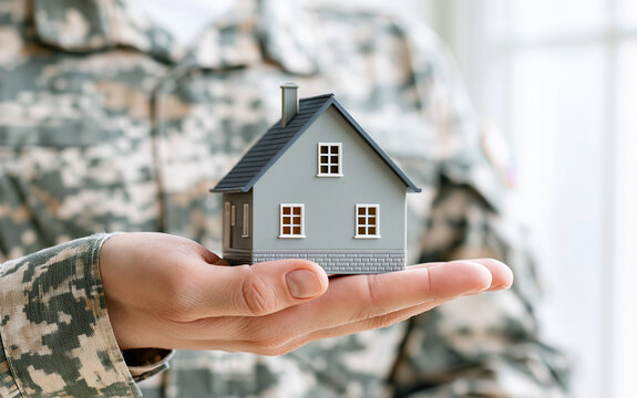 Veteran's Home Pledge: A uniformed soldier offers a miniature house, symbolizing security and a future, a testament to commitment and homecoming.