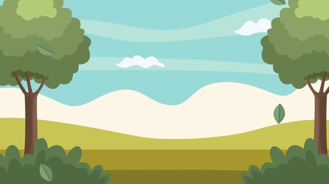 Natural landscape animation with two green trees and bushes under a blue sky with clouds and falling leaves.