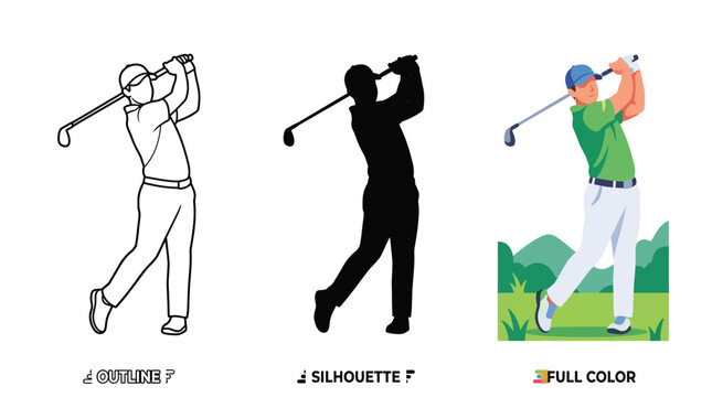 Golfer playing sport vector illustration showing outline silhouette and full color character designs for graphic projects