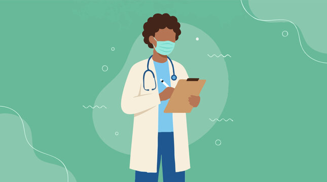 Illustration of doctor wearing face mask, stethoscope, holding clipboard