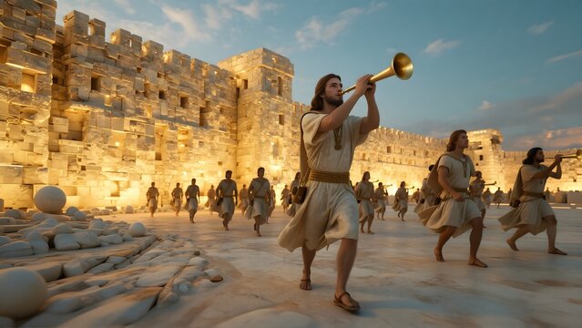 Ancient Biblical Israelites Marching Around Crumbling Jericho City Walls