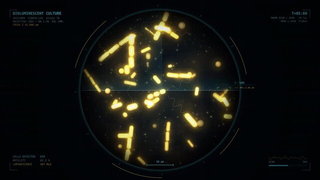 Abstract bacteria yellow bioluminescent neon glowing in dark background