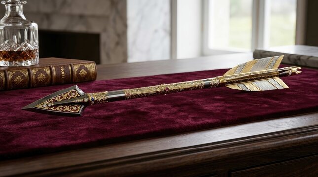 Decorative antique arrow on red velvet display