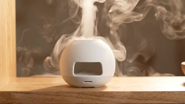 White essential oil diffuser releasing scented steam on a wooden shelf aroma