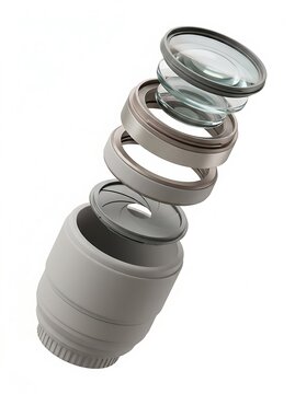 3D isometric exploded view illustration of professional DSLR camera lens showing floating optical glass elements and metal rings