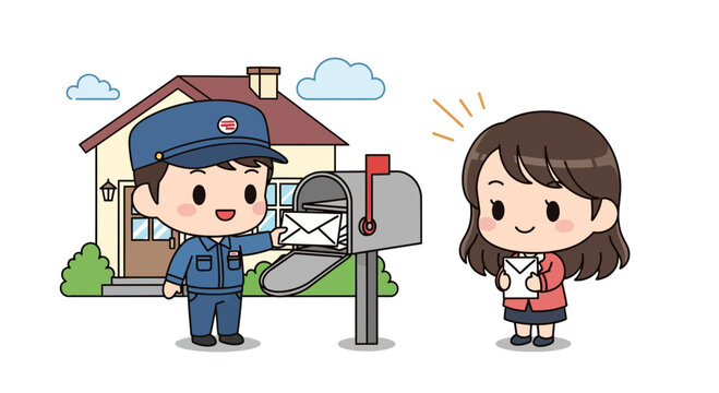 Postman delivering mail to a happy resident at a mailbox