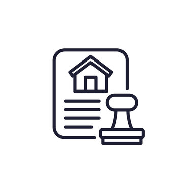 Building permit line icon, house, document and stamp