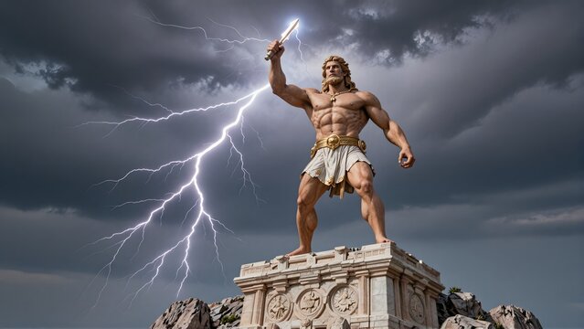 Powerful statue of thunder god holding lightning bolt in storm