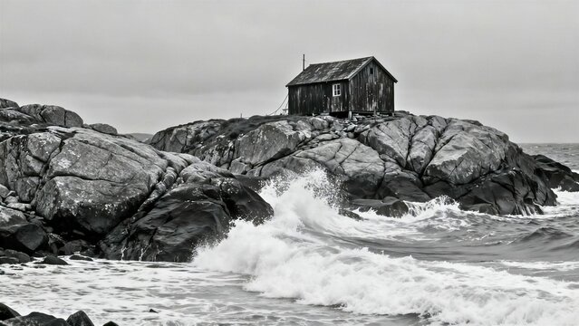 A weathered dark-wood fishing cottage perched on jagged granite rocks, cold Atlantic waves crashing in sharp white spray. Overcast steel-grey sky creates high contrast.