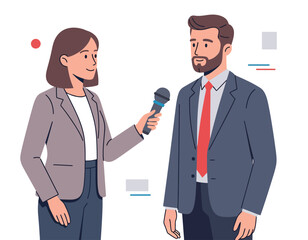 Fototapeta premium Journalist interviewing a businessman in a suit for a news report or corporate media.