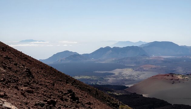 Volcanic landscape with distant mountains and clear sky