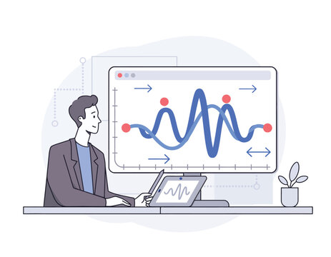 Man analyzing data on computer screen showing a complex graph, symbolizing data analysis and insights.