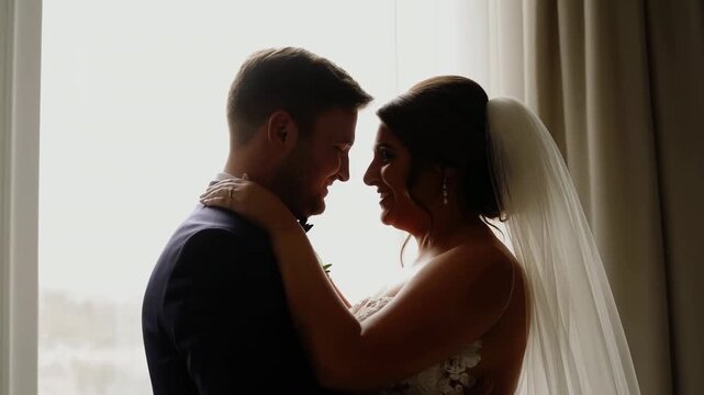 Bride in white wedding dress and veil embraces smiling man in dark formal suit beside bright window, gently touching foreheads and faces in softly backlit indoor setting