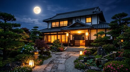 Fototapeta premium Traditional Japanese house with glowing warm lights overlooking a tranquil garden and pond under a full moon.