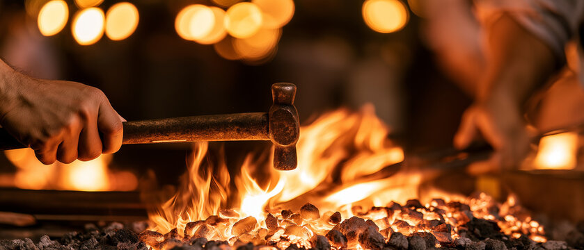 Forging Metal: A close-up shot of a blacksmith's hands expertly wielding a hammer over a glowing forge, sparks flying as metal is shaped by fire and skill.