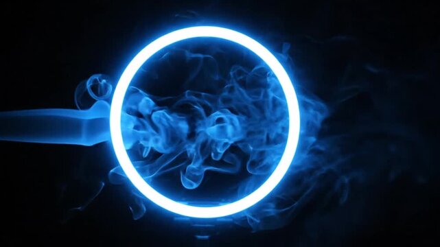 Bright glowing neon ring light with blue smoke swirling on a black background