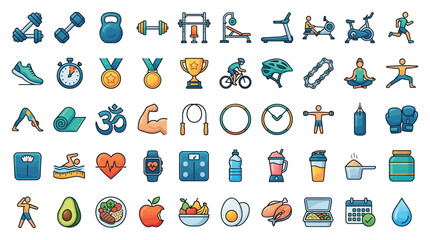 Fototapeta premium Fitness icons set colorful vector illustrations depicting exercise and healthy living