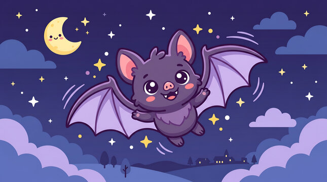 Cute cartoon bat flying in the night sky with stars