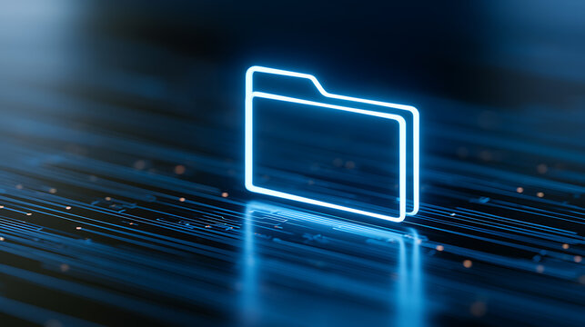 Digital file folder icon glowing on dark blue technological background symbolizing cyber security data management information system and cloud network