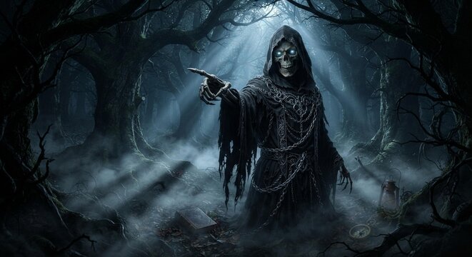 Grim Reaper Halloween concept in spooky dark misty forest