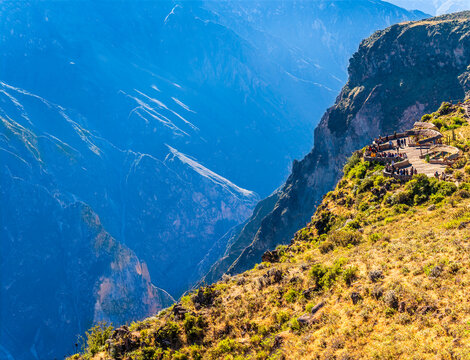 A view down towards a lower viewpoint below the Condor cross viewpoint in the Colca Canyon region in southern Peru in the dry season