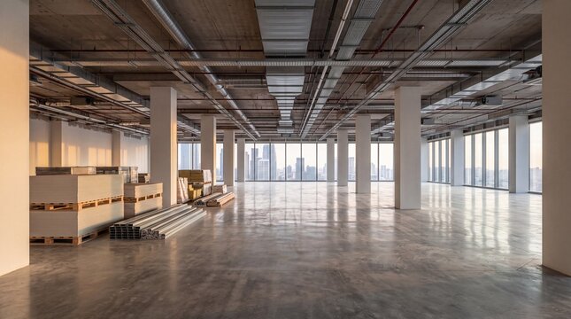 Empty office interior under construction with concrete floor and city view