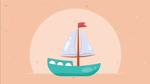 Cute cartoon sailboat sailing on calm water with red flag waving in motion graphics animation.